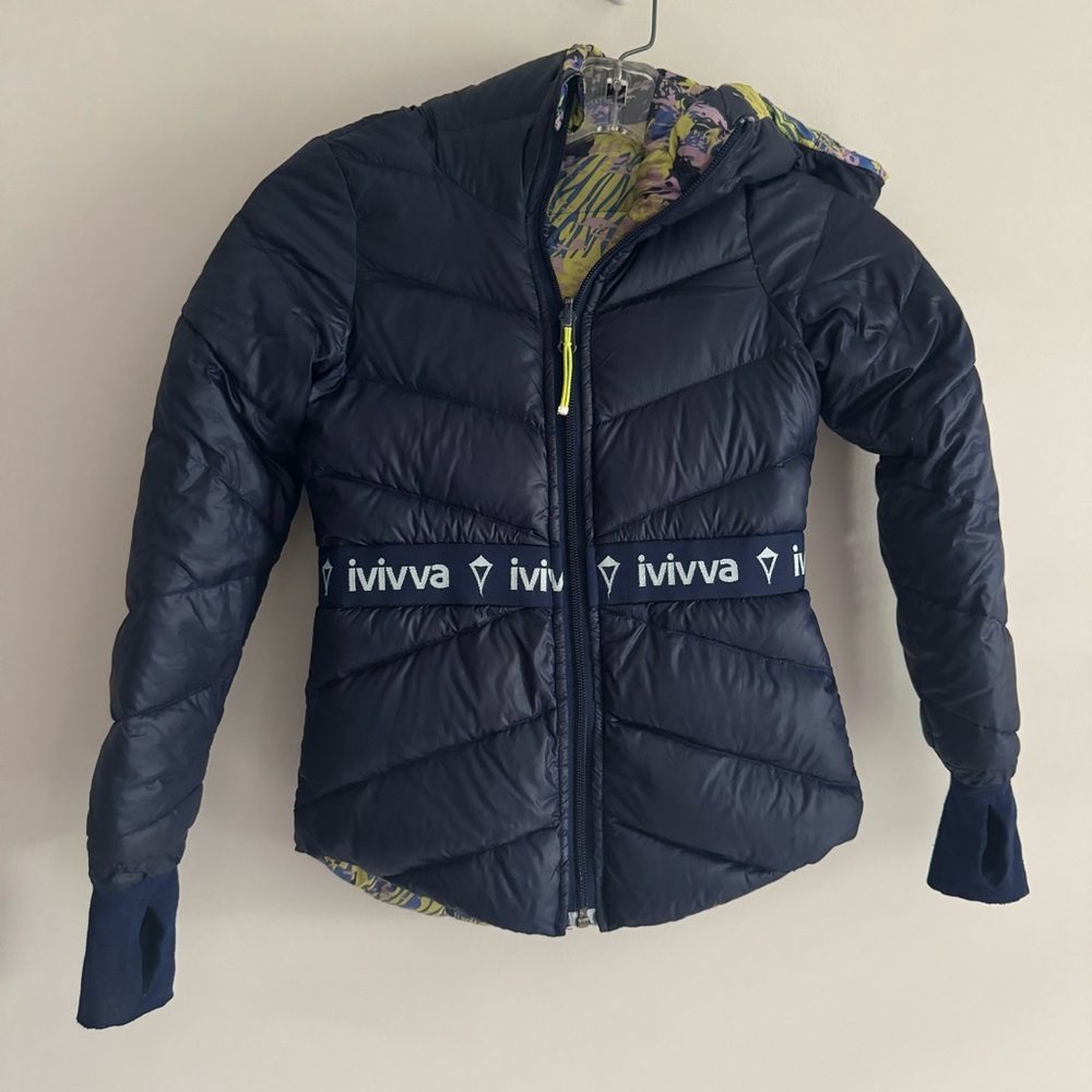 Ivivva navy blue puffer jacket with yellow zipper accents